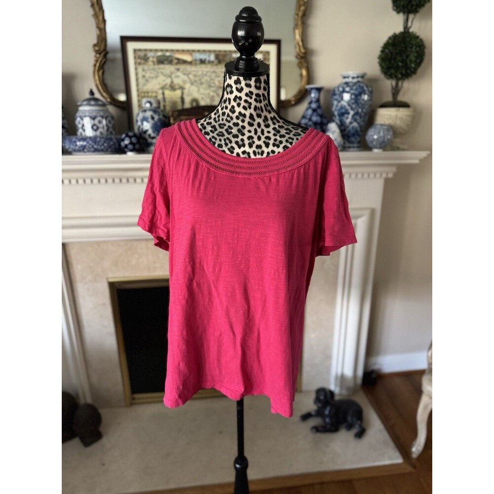Talbots Lattice Trim Women’s T-Shirt Pink Size 2X 100% Cotton Short Sleeve